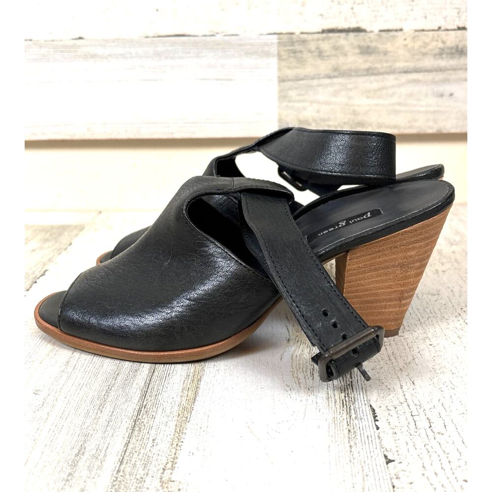 Paul Green Womens 7.5 Black Leather Peep Toe Ankle Strap Block Heel Sandals